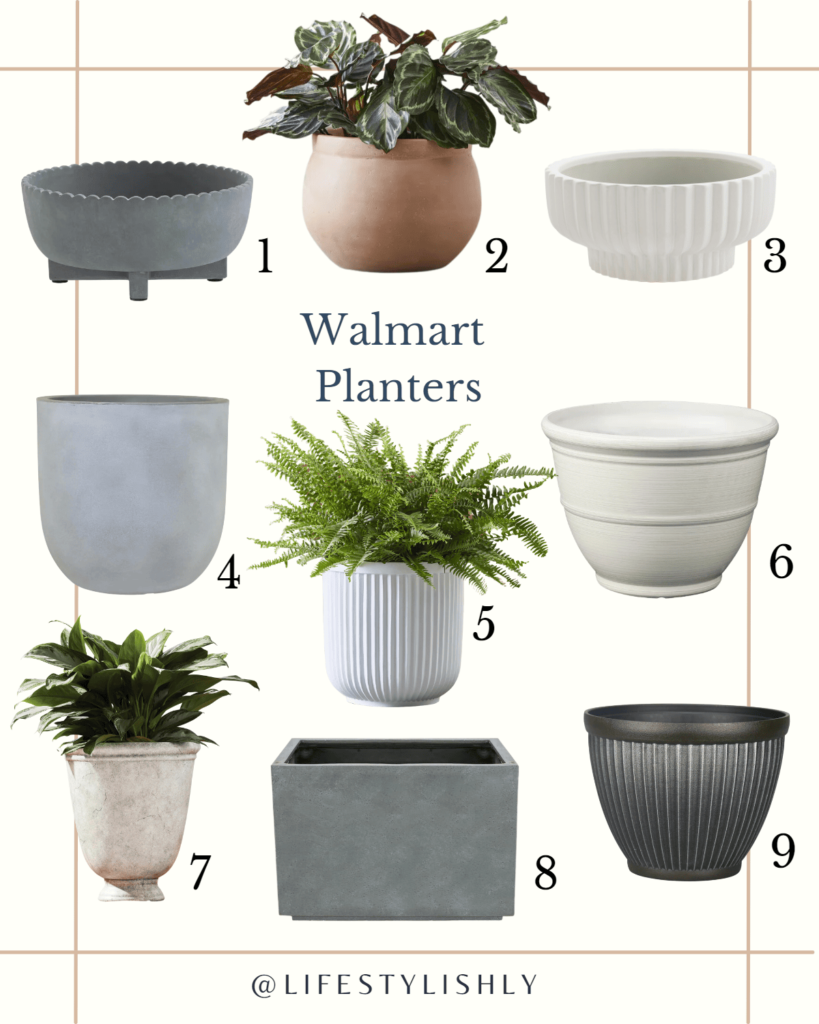 A collage of diverse and colorful planters from Walmart, showcasing various sizes and styles perfect for any patio garden.