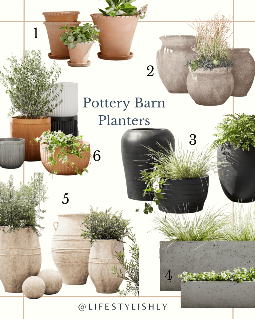 A collage of Pottery Barn's versatile and high-quality planters, reflecting a range of sizes and designs that can transform any patio into a lush retreat.