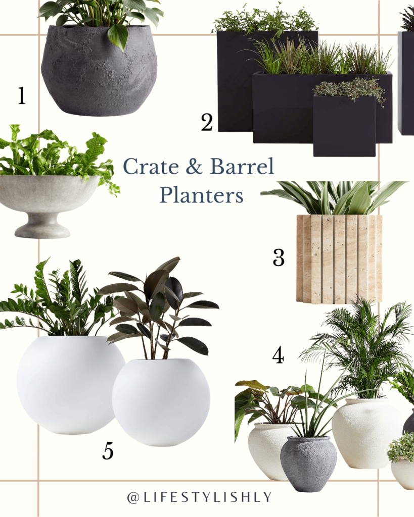 A curated collage featuring Crate and Barrel's range of chic and modern planters, suitable for stylish patio decoration.