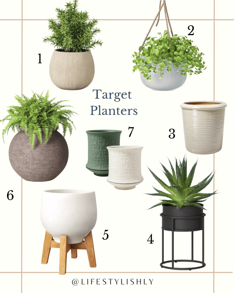 A vibrant collage presenting a selection of affordable and stylish patio planters from Target, available in multiple shapes and sizes.
