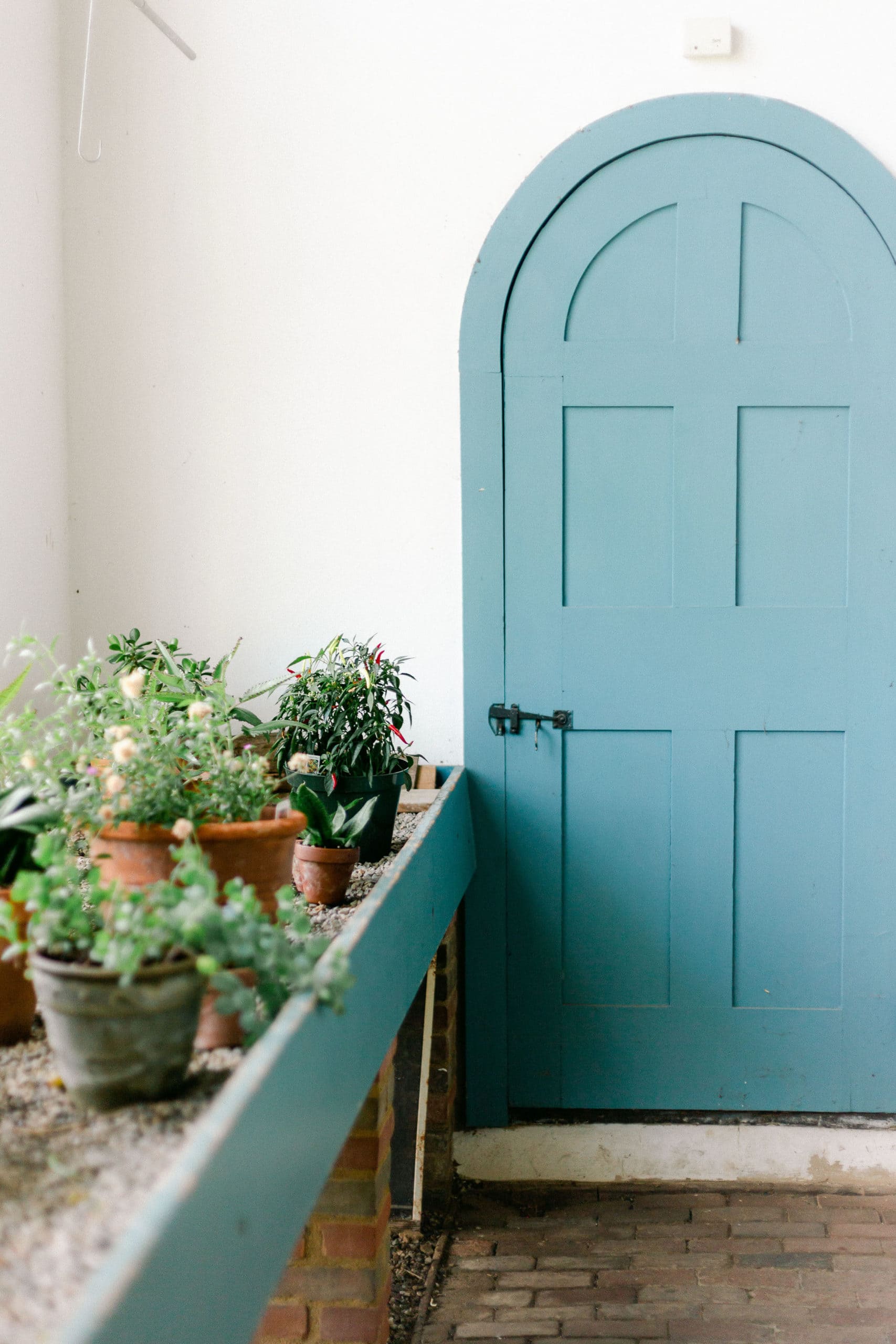 An array of planters resting on a potting bench, set against the backdrop of a charming blue arched front door, enhancing the inviting ambiance of the entryway.