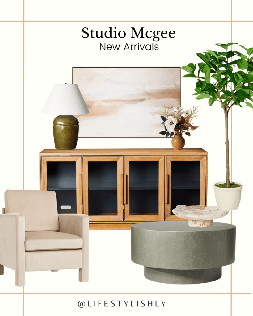 Collage showcasing a curated selection of Studio McGee's latest home decor collection at Target. The composition includes modern furniture pieces, cozy area rugs, statement-making wall art, and charming accent pieces - demonstrating the blend of elegance, affordability, and contemporary design in the collection