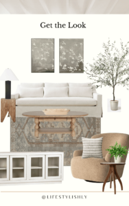Neutral Living Room Design Board with a white sofa, muted blue rug, soft boucle swivel chair and abstract bird art